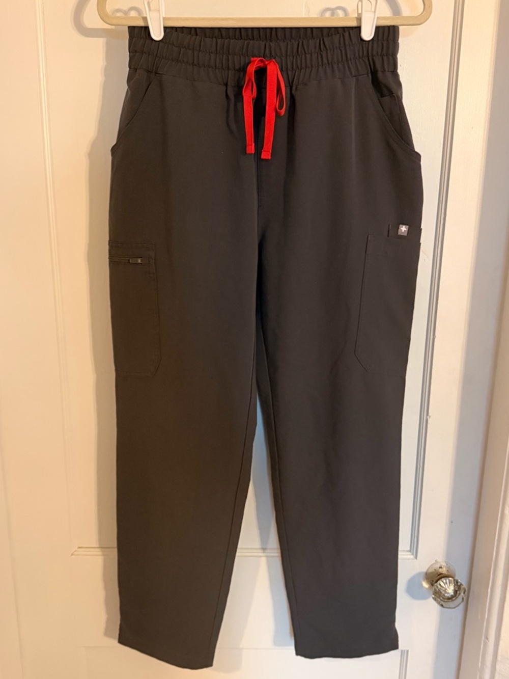 Figs Charcoal Scrubs with Red Drawstring